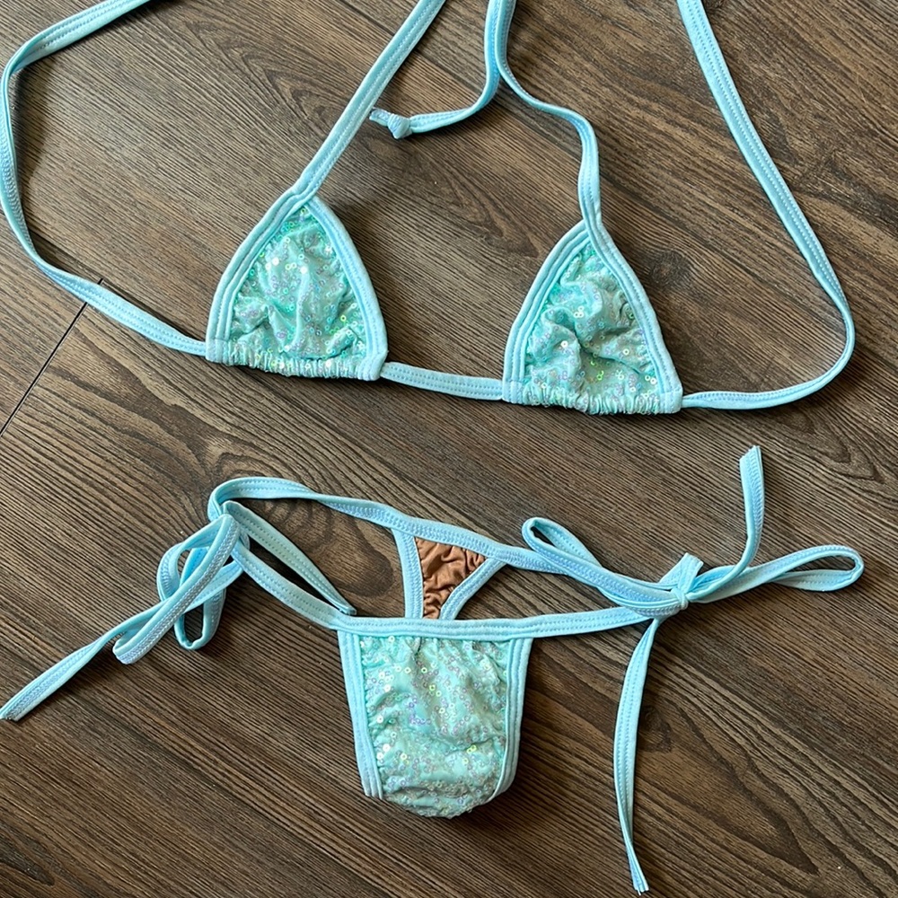 Baby blue sequin bikini stripper new outfit clubwear club